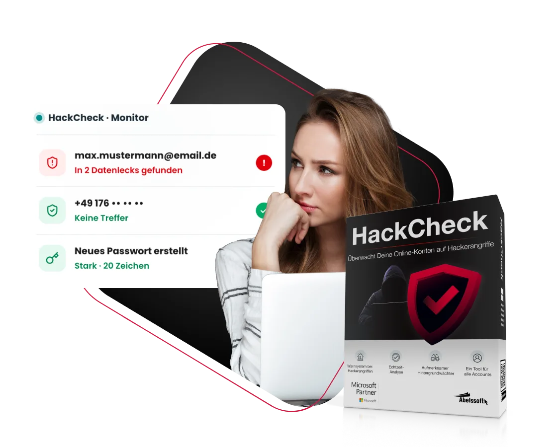 HackCheck-Softwarebox neben einer Übersicht, die eine in Datenlecks gefundene E-Mail-Adresse meldet