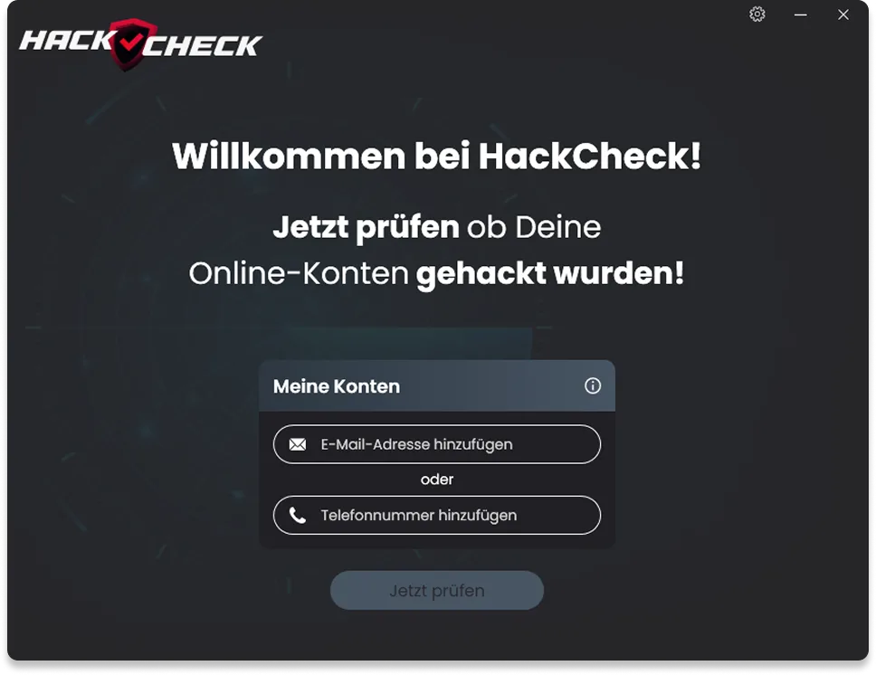 HackCheck-Startbildschirm zum Hinzufügen einer E-Mail-Adresse oder Telefonnummer für die Datenleck-Prüfung