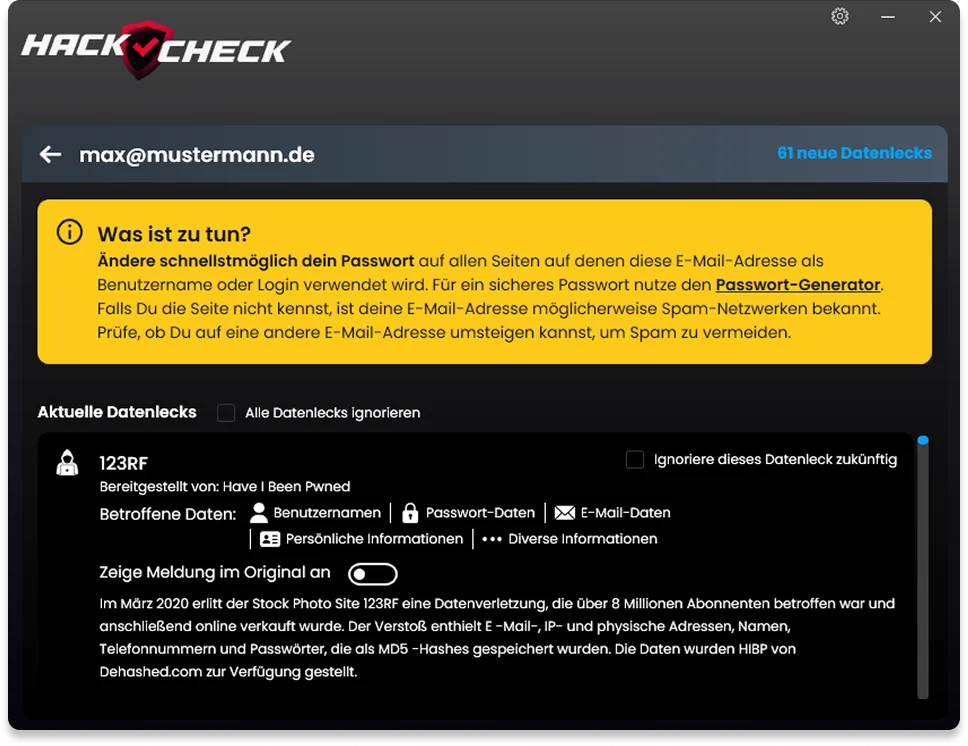 HackCheck-Detailansicht eines gefundenen Datenlecks mit Handlungsempfehlung zum Passwort ändern