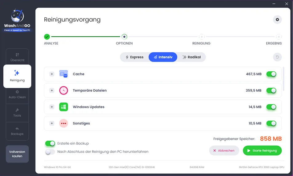 WashAndGo-Reinigungsvorgang mit Auswahl von Cache, temporären Dateien und Windows-Updates zum Löschen