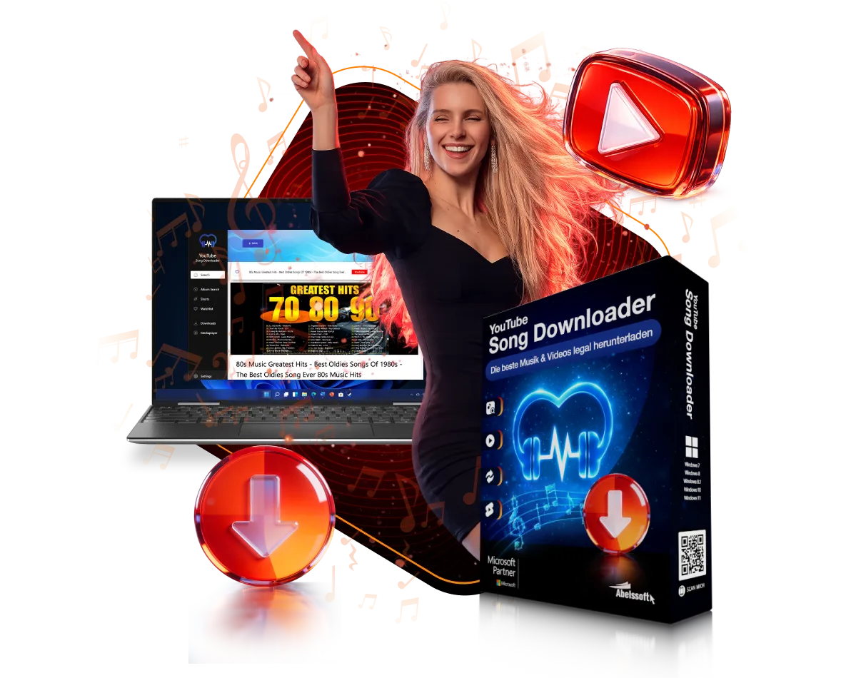 YouTube Song Downloader-Softwarebox neben der Programmoberfläche mit heruntergeladenen Musik-Videos